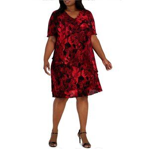 Connected Apparel Plus Size Plus Womens Ribbed Knee MIDI Dress Floral Red 20W